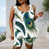 Women Plus Size Scoop Neck Sleeveless Peacock Feather Printed Tank Top And Shorts Two Piece Set