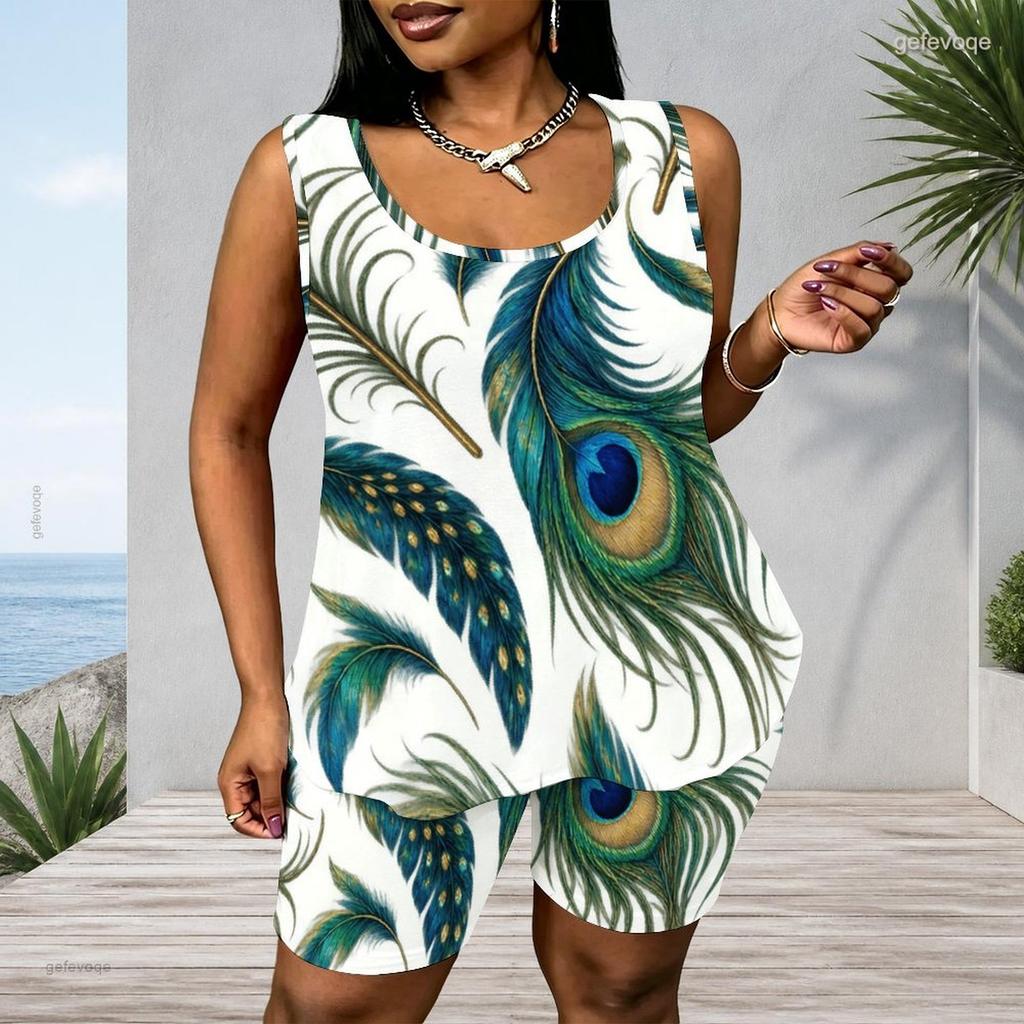 Women Plus Size Scoop Neck Sleeveless Peacock Feather Printed Tank Top And Shorts Two Piece Set