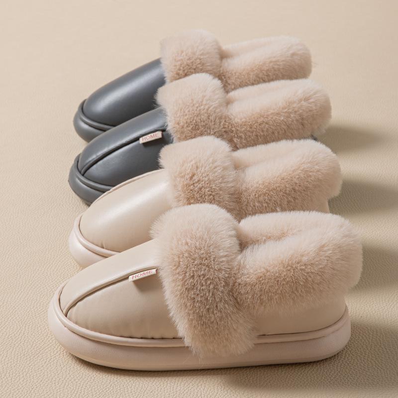 Bag Heel Leather Cotton Slippers Women's Autumn and Winter Waterproof and Velvet Warm Thick Bottom Non-slip Home Wear Plush Cotton Shoes