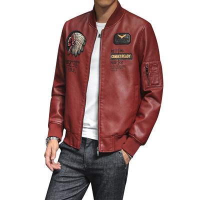 Men's Autumn and Winter Thin Short Slim Leather Jacket Baseball Uniform PU Leather Jacket