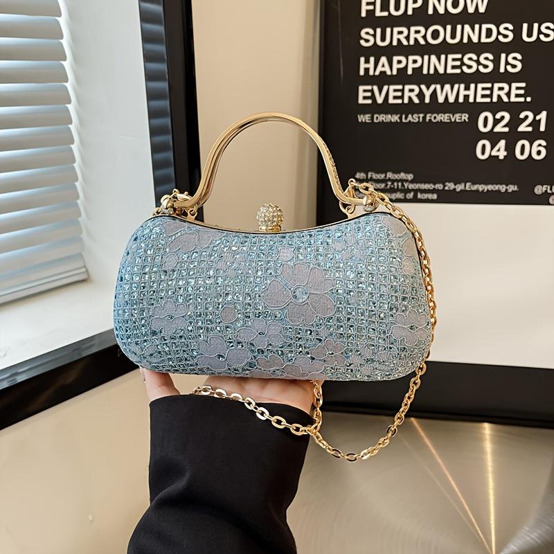 Sparkling Flower Evening With Rhinestone Chain Wallet Banquet Cheongsam Dress Purse Handbag For Annual Party Luxurious Sequined Dinner Tote