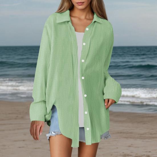 Damesblouse Kraag Lange Mouwen Knoopsluiting Blouses Tops Effen Kleur Losse Pasvorm Makkelijk te Onderhouden Gekreukelde Blouse