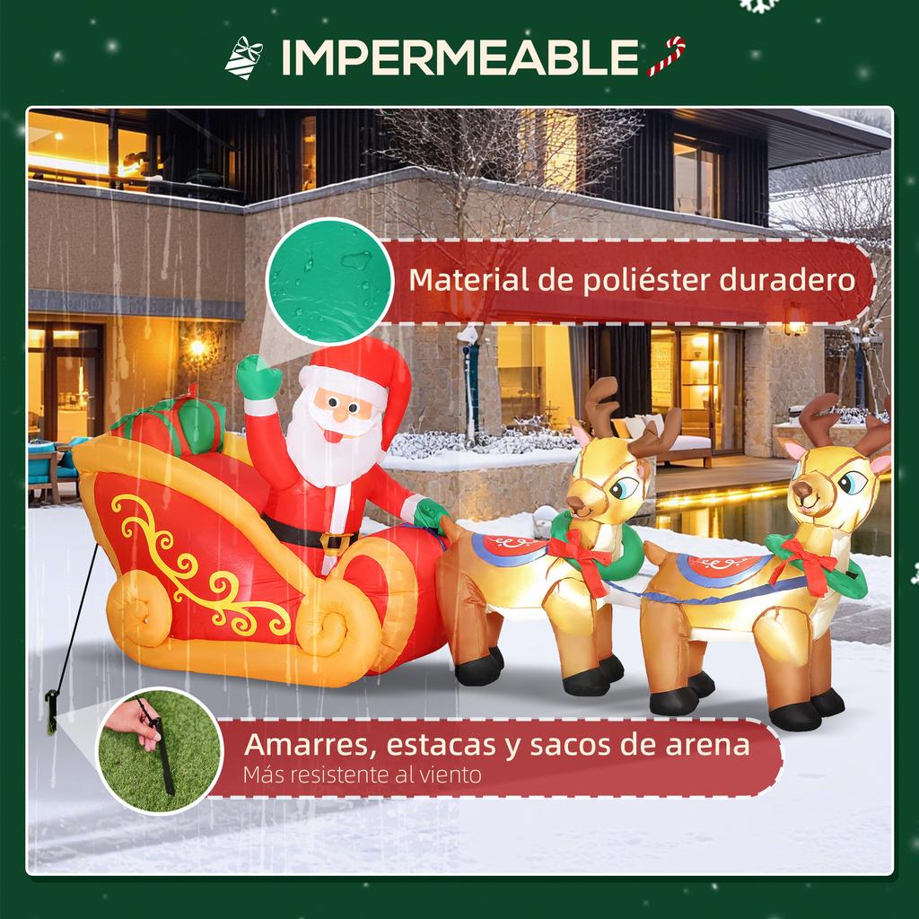Inflatable Santa Claus, Sleigh, Christmas Reindeer, LED Lights, 240 x 75 x 100 cm