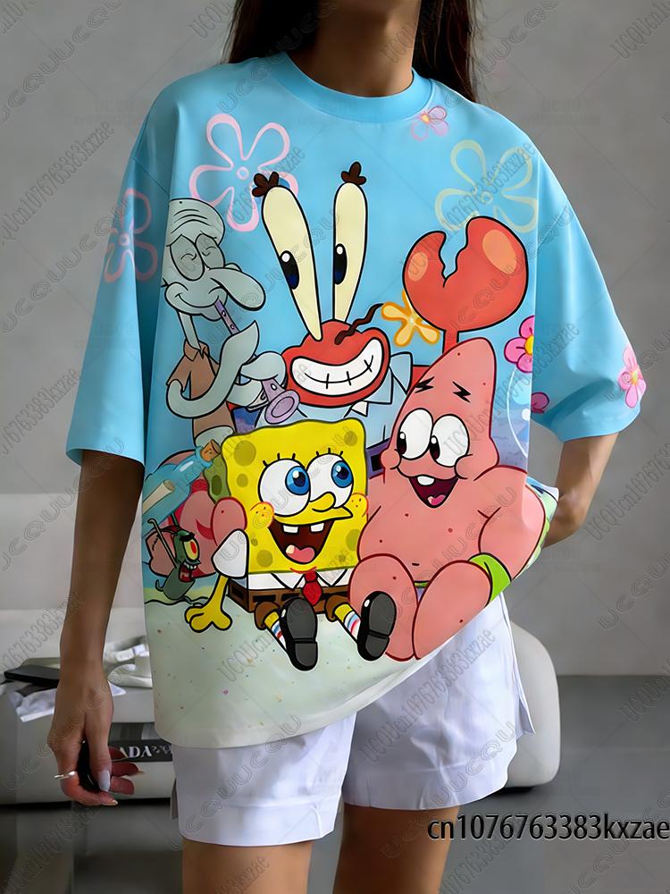 2026 Summer New Spongebob Print Tshirt For Wounisex Kawaii Short Sleeve Casual Street Oneck Tees Oversized Loose Vintage Y2k Tops