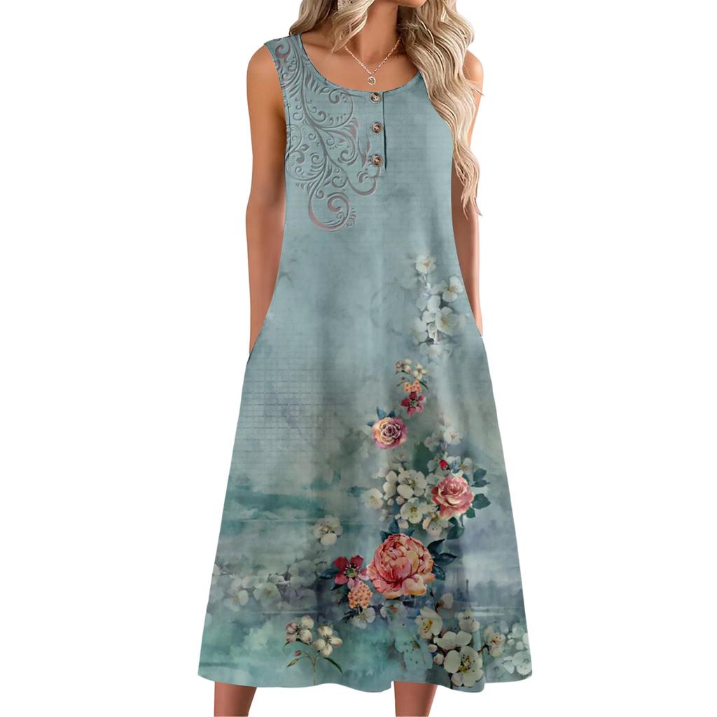 Women's Fashion Casual Sleeveless Button Floral Print Dress with Pocket