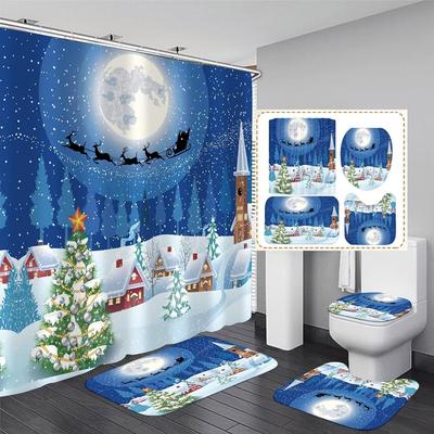 5style 4Pcs Bathroom Shower Curtain Set Christmas Tree Bathroom Curtain With 12 Hooks Non Slip Rugs Toilet Cover Mat Bathroom Partition