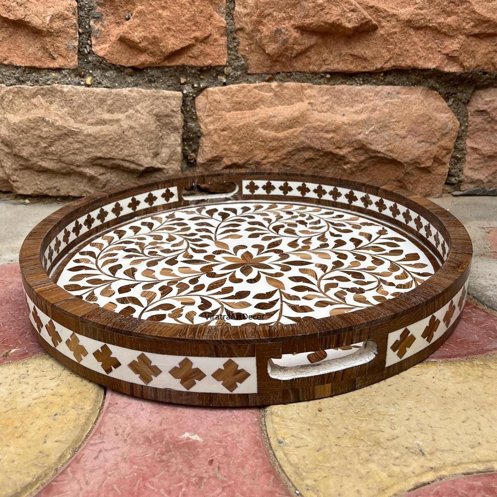 Wooden Inlay Decorative Tray  Round Floral Pattern Serving Tray | Bone Inlay Style | Boho Coffee Table Tray | Kitchen Bone Decor Tray