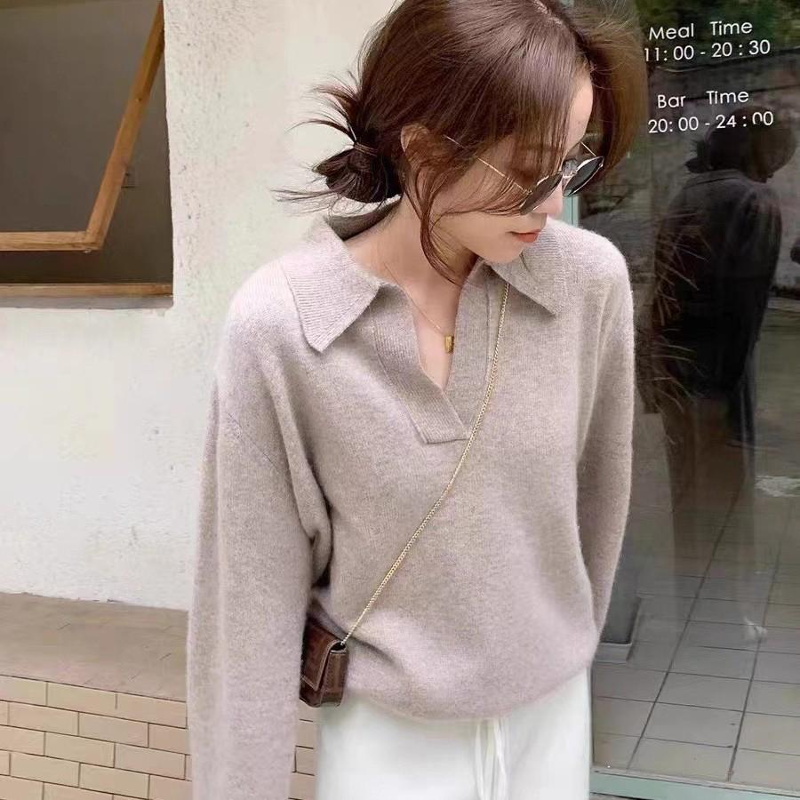 Women's 100% Wool Polo Neck Sweater - Short, Versatile, Solid Color, Long Sleeve Knit Pullover for Autumn/Winter.