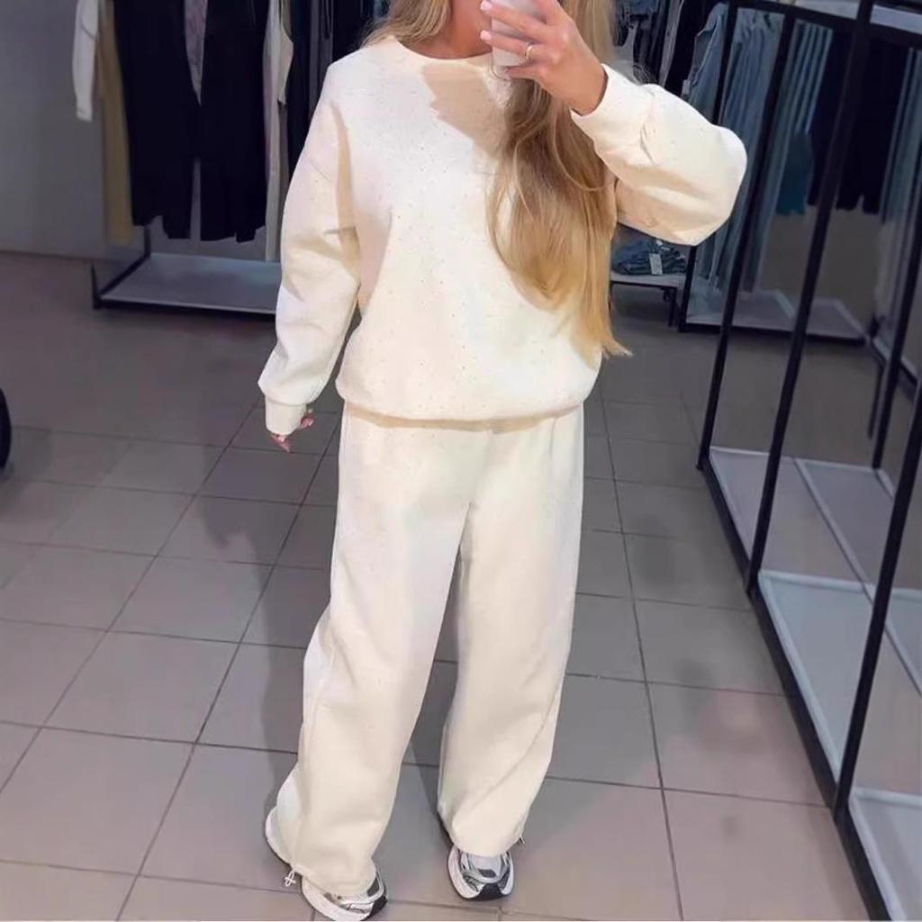 2024 Women's Casual Round Neck Long Sleeve Two-Piece Set with Hot Drill Detail and Drawstring Cuffs, Perfect for Autumn and Winter