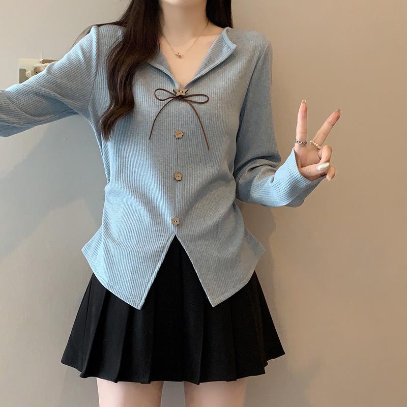 

2026 Plus Size Knit Top with 3D Floral Bow, Cinched Waist & Long Sleeves L синий
