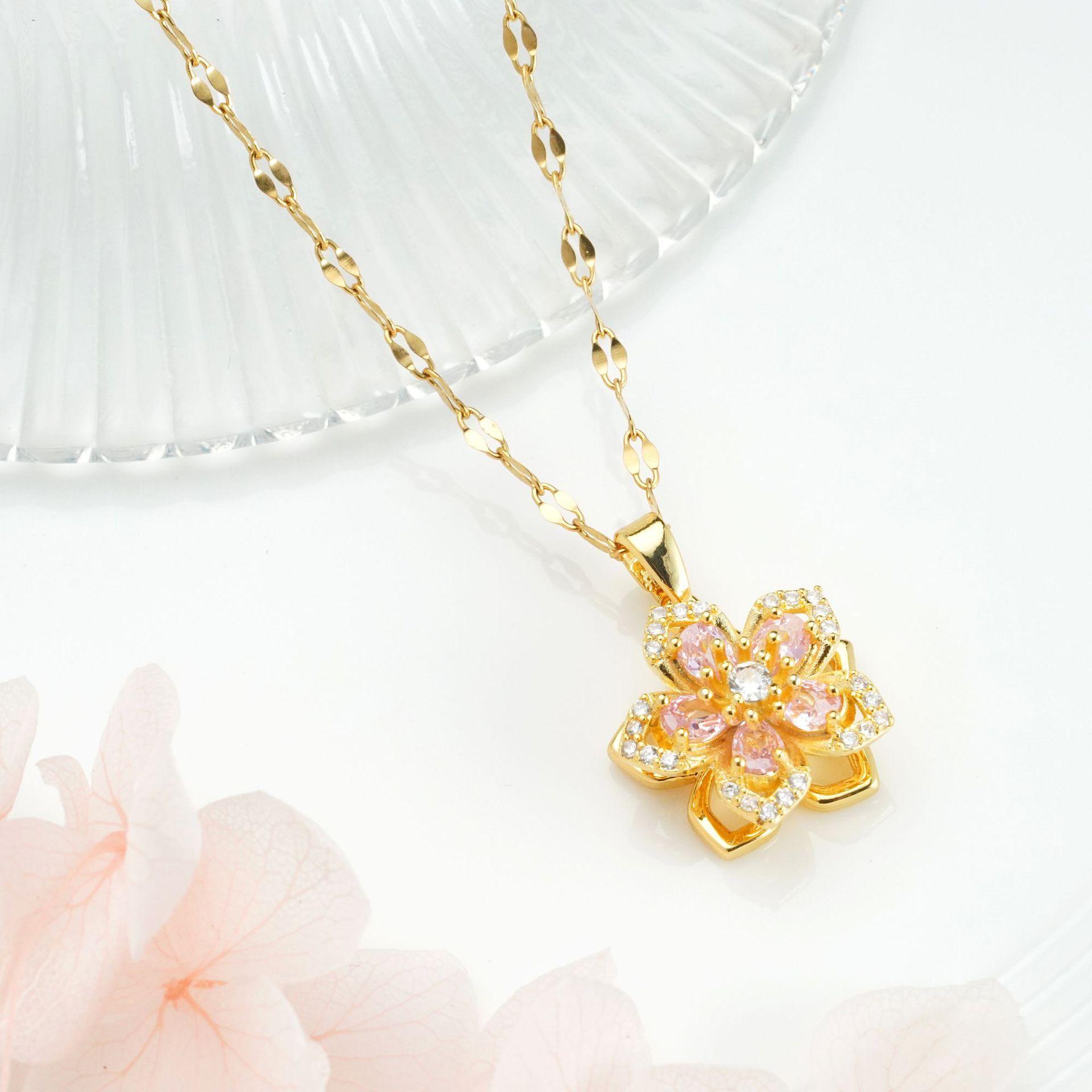 

Stainless Steel Chain Luxury Rotatable Colorful Zircon Flower Pendant Necklace for Women Lady Fashion Jewelry Accessories Gifts