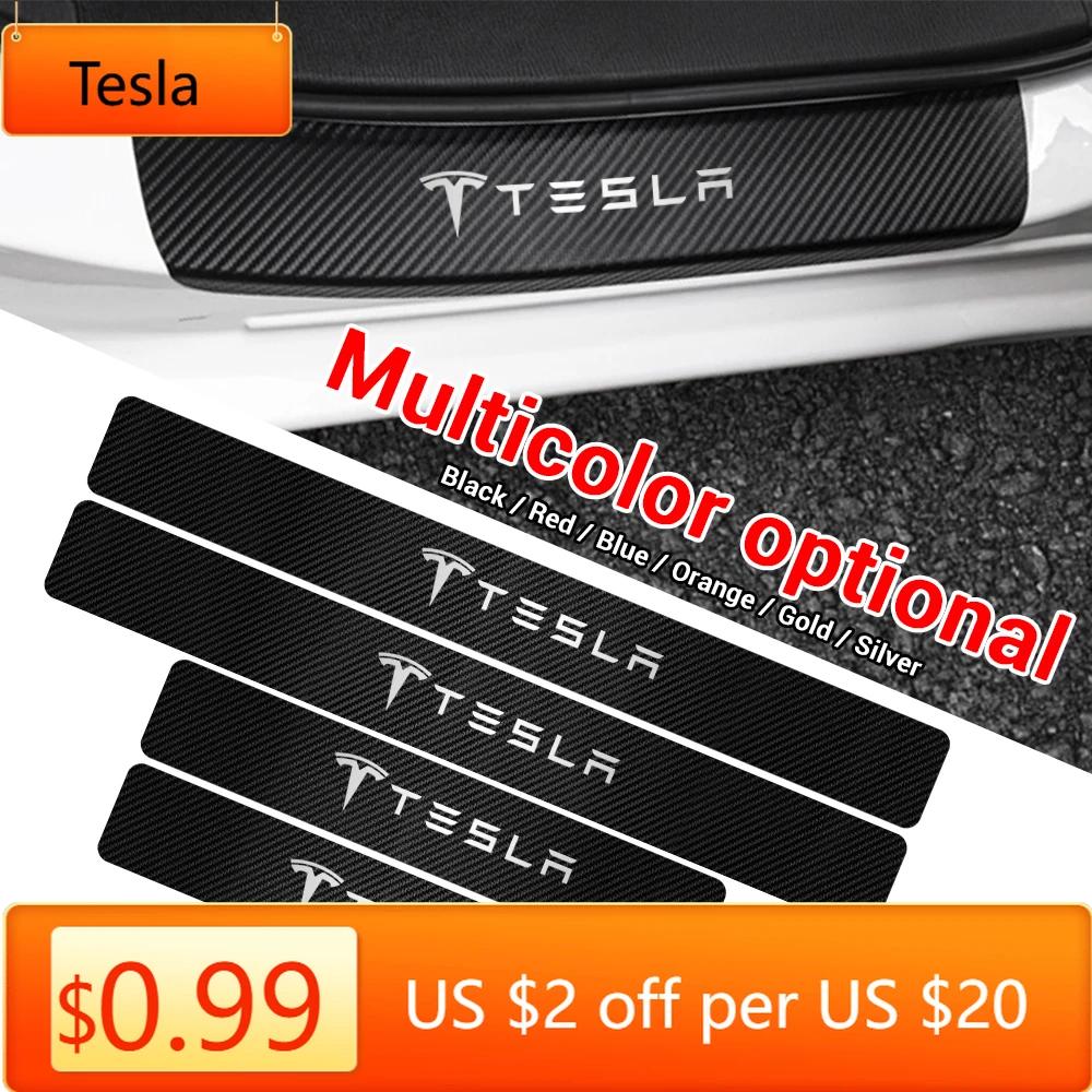 Car Sticker Tesla 4Pcs Car Styling Carbon Fiber Vinyl Door Sills Guard Sticker for Tesla Model 3 Model S X Roadster SpaceX Cyber