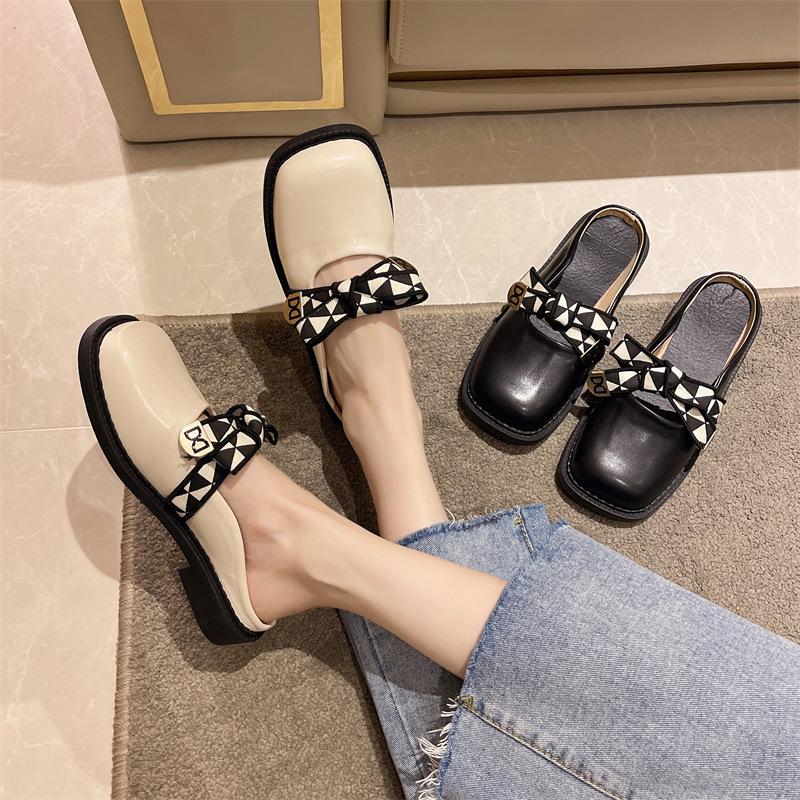 Baotou half slippers women's summer wear fashion bow round head retro flat bottom without heel lazy cool slippers