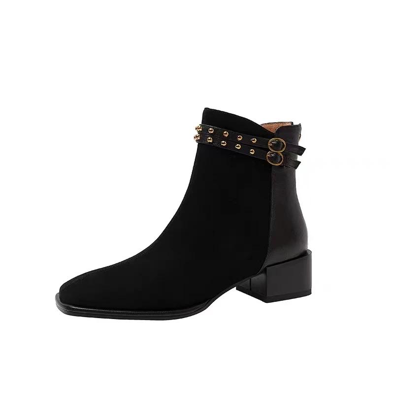 

Модная обувь для женщин 2025 Корейская мода Женские ботинки с квадратным носком Простые универсальные черные ботильоны Стильная офисная женская обувь 35 чёрный
