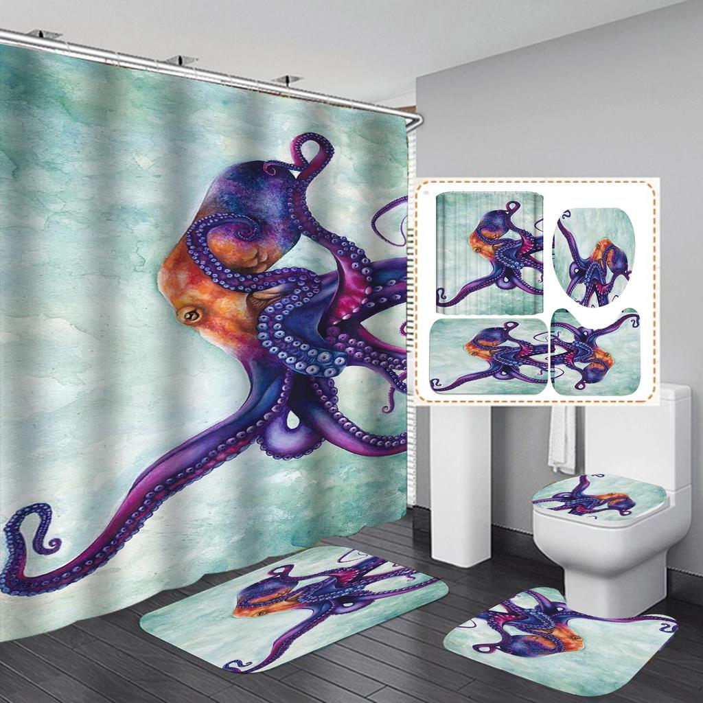Ocean Monster Octopus Print Shower Curtain Set Waterproof Bathroom Curtain Set With Rugs Toilet Cover Mat For Bathroom Decor