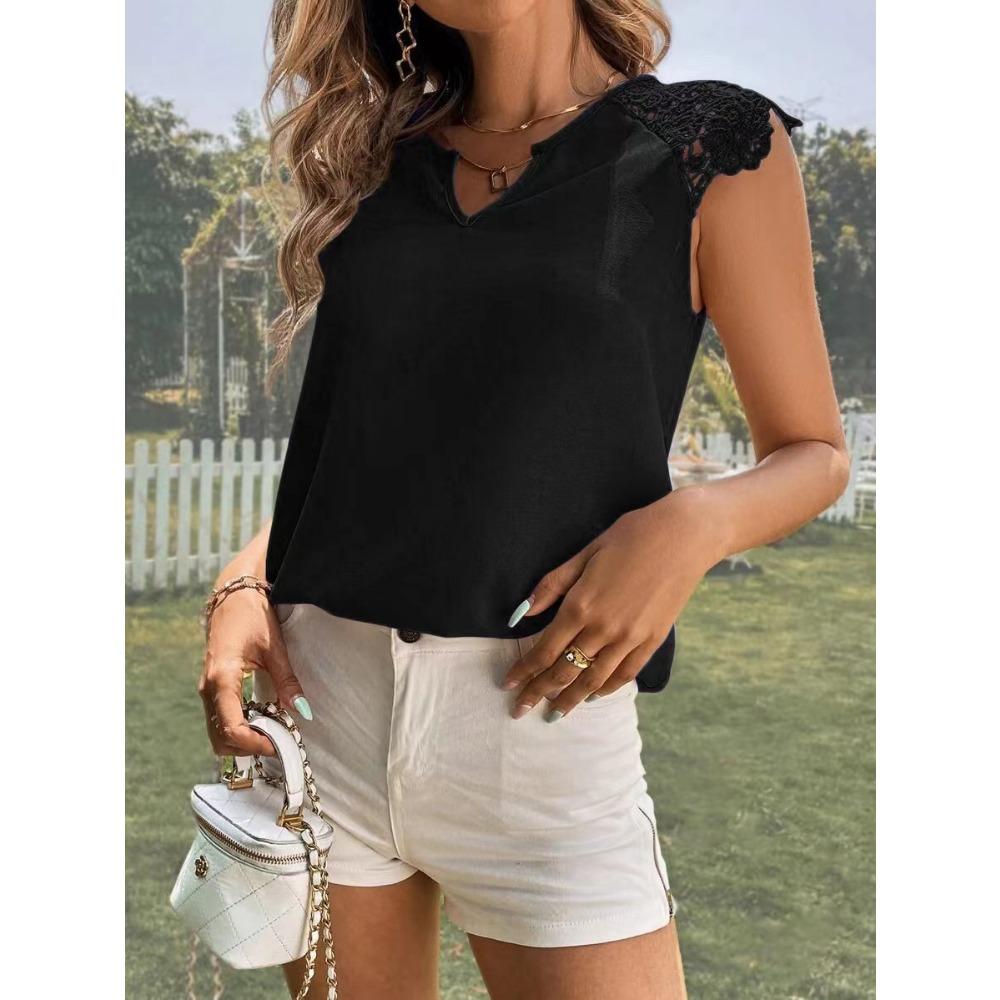 GMXIA Women's Temperament V-neck Stitching Lace Lace Sleeve Vest Top Women