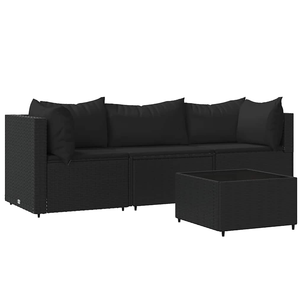 4 Piece Garden Lounge Set with Cushions Black Poly Rattan