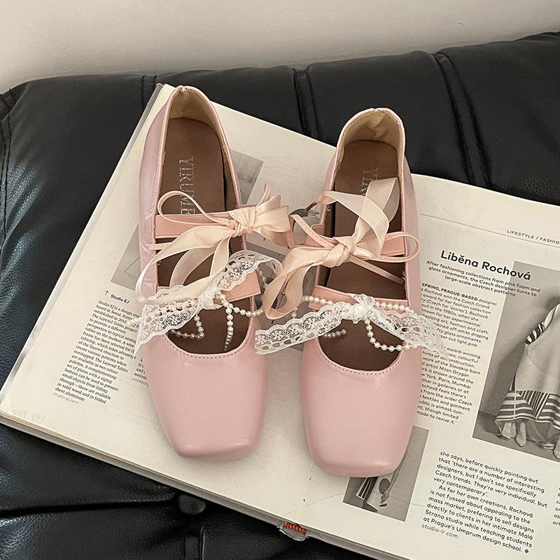 

Women s Ballet Shoes French Elegant Lace Bow Mary Jane Single Shoes Beautiful Summer Fashion Pearl 35 розовый