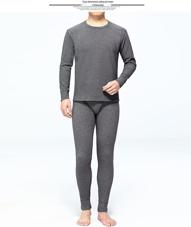 Męski Jesienno-Zimowy Ciepły Zestaw Bielizny z Okrągłym Dekoltem - Jednolity Kolor, Duży Rozmiar Warstwa Bazowa