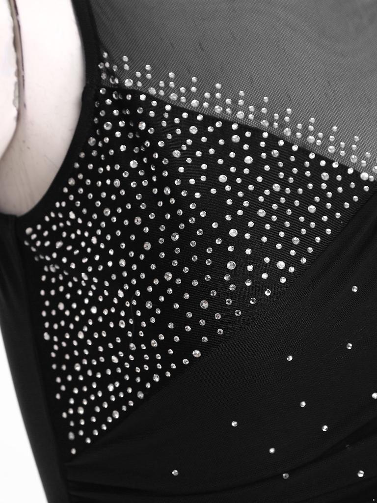 Damen Lyrisches Tanzkostüm Glitzernde Strasssteine Gerafftes Mesh-Overlay Asymmetrischer Rock-Leotard