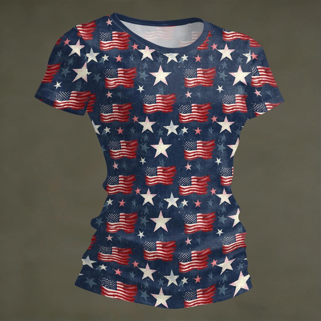 Women's Fashion Round Neck Independence Day Print Short Sleeve Loose Crewneck T-Shirt Top
