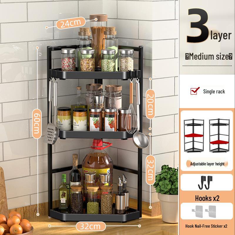 Corner Wall-Mounted Kitchen Spice Rack - No-Drill, Triangle Design for Countertop and Pendant Storage.