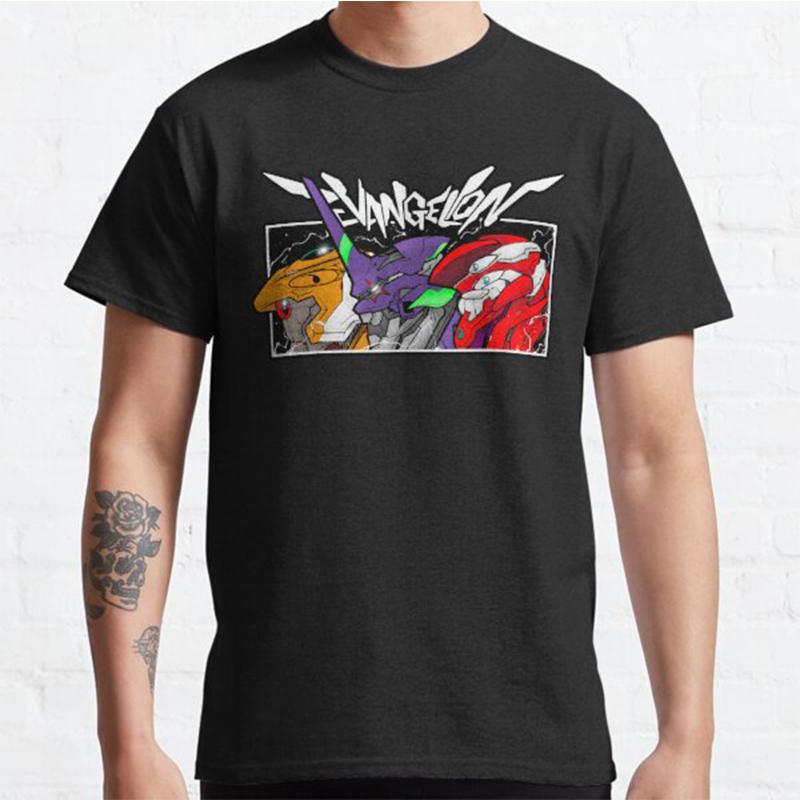 Plus Size Anime Evangelion Printed Unisex T Shirts Round Neck Cotton Tops Summer Casual Black Tees