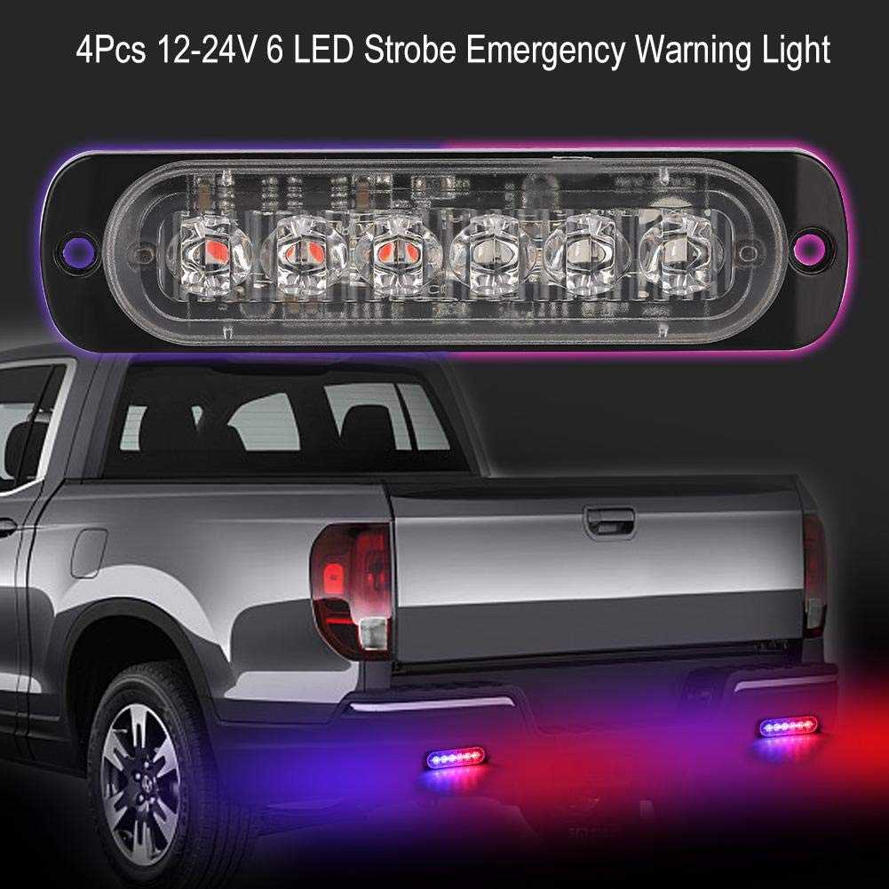 Výstražné světlo do auta, 4 ks 12-24V Auto 6 LED Blikající Stroboskopické Nouzové Výstražné Světlo Mřížka Blikající Světelná Lišta (Modrá červená)