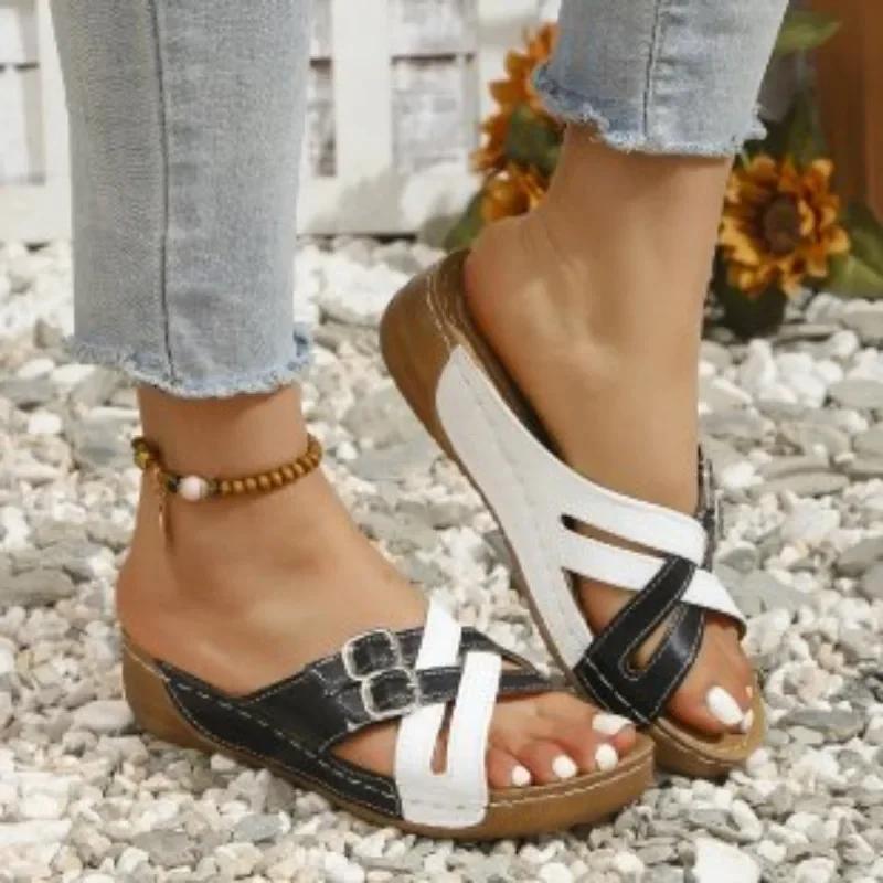 

Fashion Ladies Shoes 2025 Hot Sale Peep Toe Casual Slippers Women Fashion Color Matching New Women s Plus Size Platform Wedge Sandals 43 чёрный