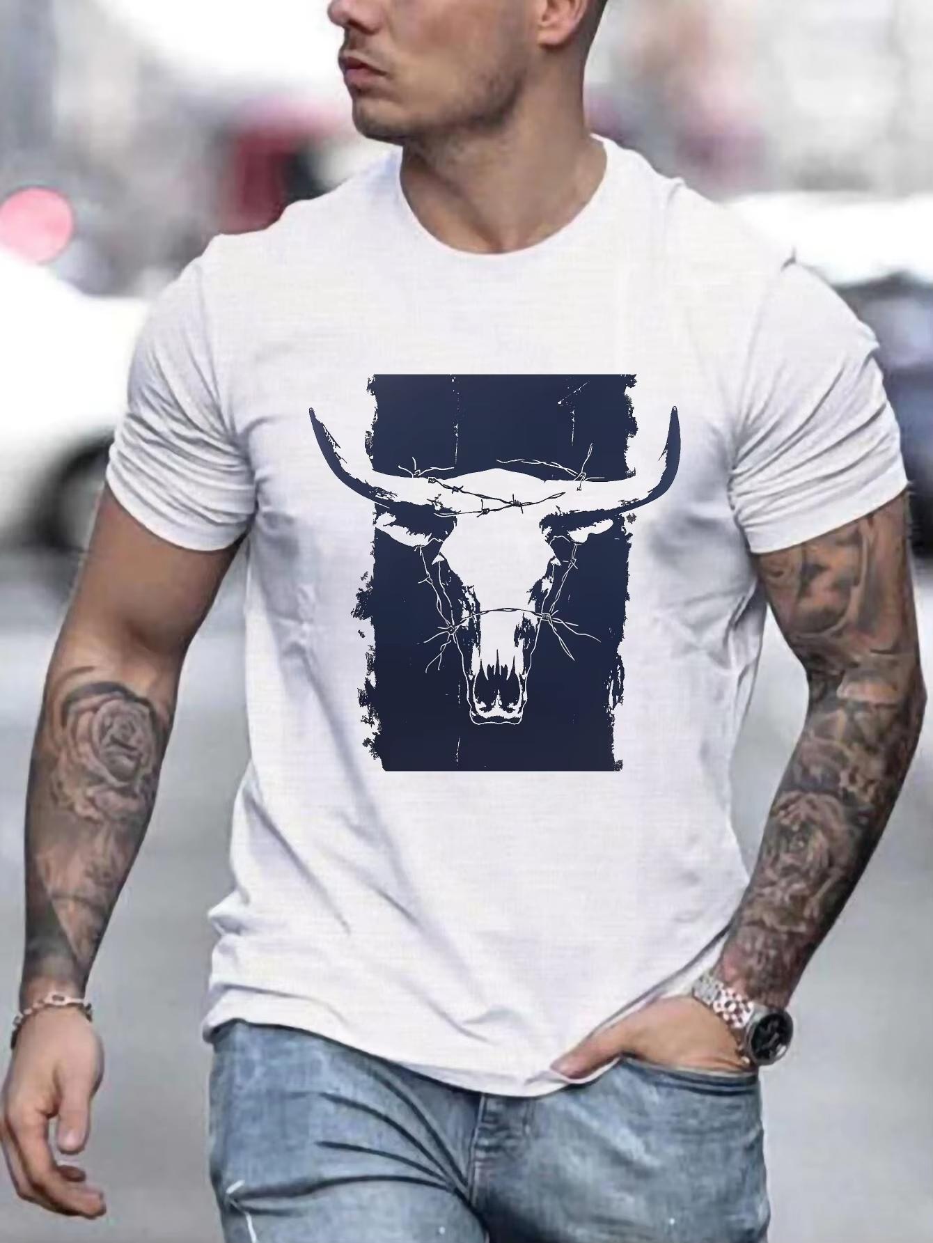 

Men s Summer 100% Cotton Casual Loose Large Western Style Cow Head Printed Round Neck Short Sleeve Street Soft T-shirt 4XL