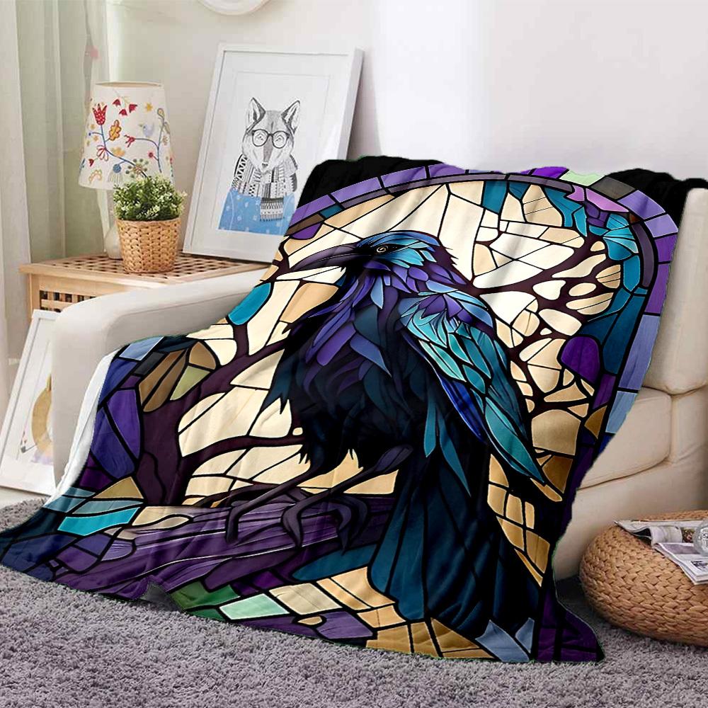 1pc Stained Glass Raven Print Blanket Lightweight Flannel Throw Blanket For Sofa, Bed, Living Room, Office, Outdoor Travel, Camping