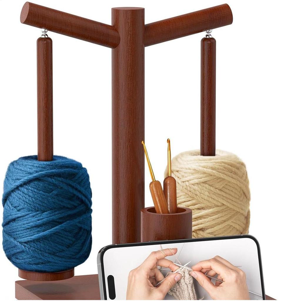 Yarn Holder For Crocheting Magnetic Rotating Wooden Knitting Spinner Wooden Yarn Ball Holder With Phone Stand And 2 Spindles For