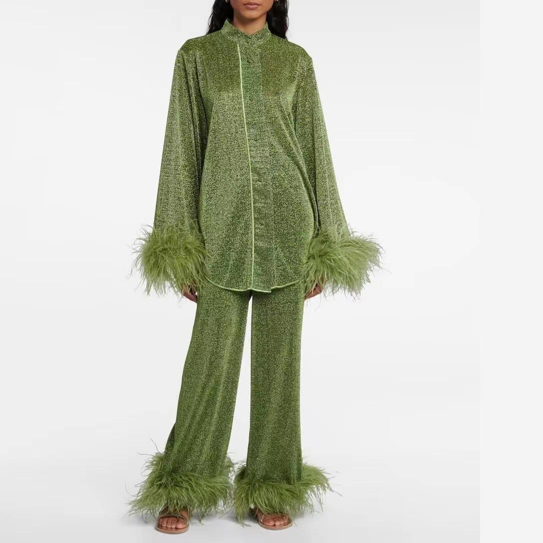 

Осінньо-зимовий жіночий повсякденний светр із затягуванням талії та широкими брюками для схуднення, комплект із двох частин XXS темно-зелений колір