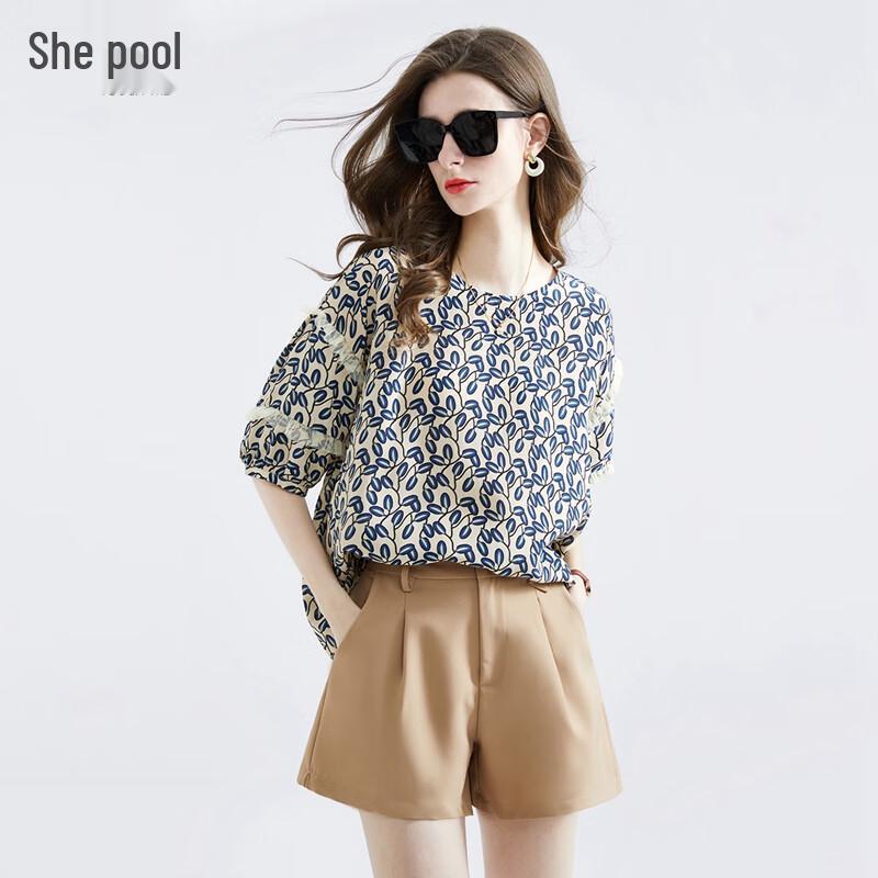 Women s Summer Floral Print Loose Blouse with Mesh Lace Patchwork L