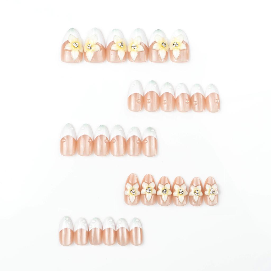 30 pieces of white French ultra-short almond cat eye wearing nail 3d three-dimensional flower advanced manual point diamond nail art