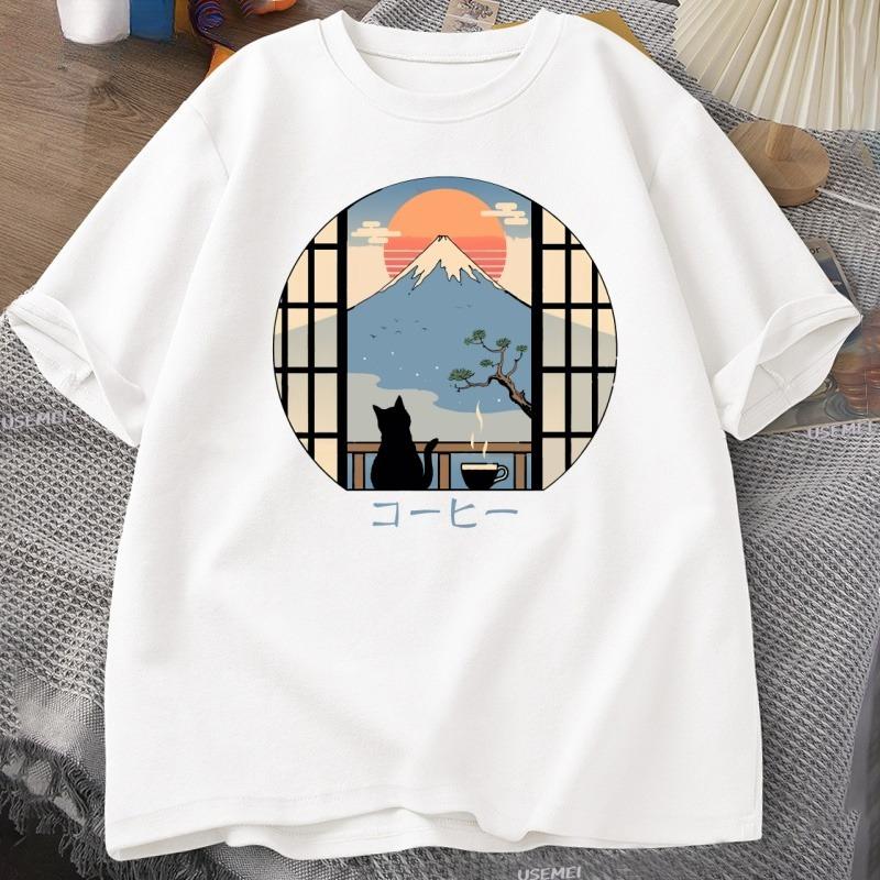 Coffee Cat in Mt Fuji Tshirt Men Women Round Neck Short Sleeve Tshirt Japanese Style Printed TShirt Cotton Oversized Tops