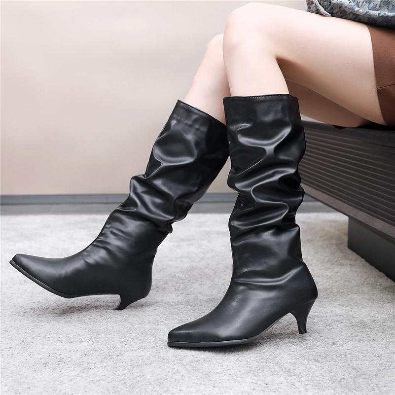 FOREADA Women Knee High Boots Pointed Toe Thin Mid Heels Pleated Long Boots Ladies Fashion Shoes Autumn Winter Black White 46