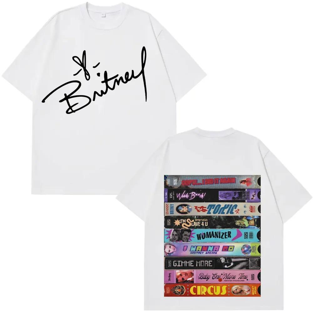 Britney Spears Unterschrift & Klassiker Kassette Doppel-Sided Übergroßes T-Shirt, Unisex 2000er Pop Fan Streetwear Tee, 100% Baumwolle Lässiges Kurzes Shirt