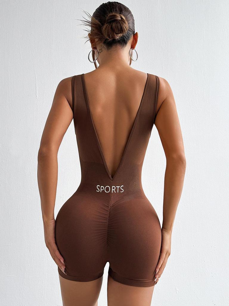 Seamless Deep V-Neck Yoga Bodysuit: Women's Nude-Tight Shaping Sportswear with Beautiful Back Design