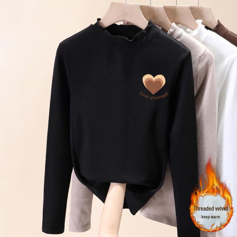 

Женский базовый топ с подкладкой из вельветового флиса, облегающего кроя - в корейском стиле, теплый, утолщенный, с полувысоким воротником (Осень/Зима 2025) 3XL [140-160 jin]