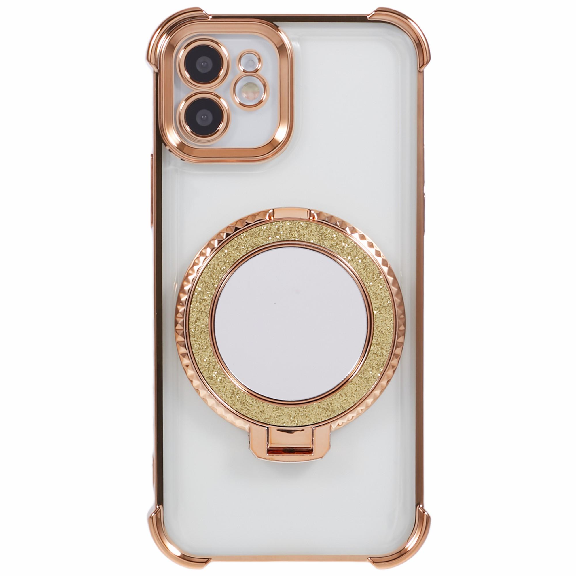 

For iPhone 11 Anti-Scratch Phone Case TPU Glitter Phone Cover with Kickstand and Mirror Gold
