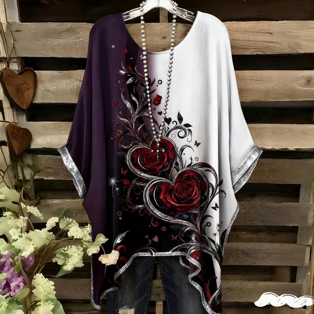 Damen Elegantes Bohemian Zweifarbiges T-Shirt - Herz & Blumendruck Mit Schmetterling Damenbekleidung Trend 2025 Grafik T-Shirts