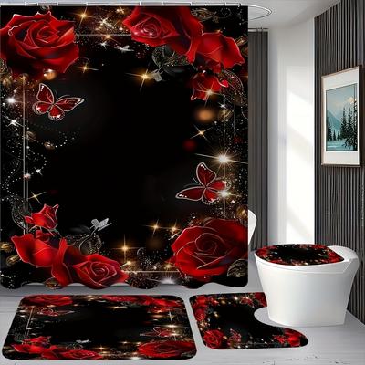 4Pcs Bathroom Shower Curtain Set Rose Butterfly Flower Bathroom Curtain With 12 Hooks Non Slip Rugs Toilet Cover Mat Bathroom Partition
