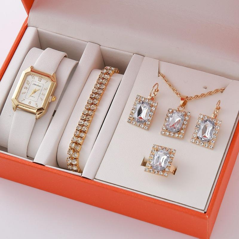 Повседневные кожаные женские деловые квадратные кварцевые часы корейской версии набор ювелирных изделий с кристаллами часы type1