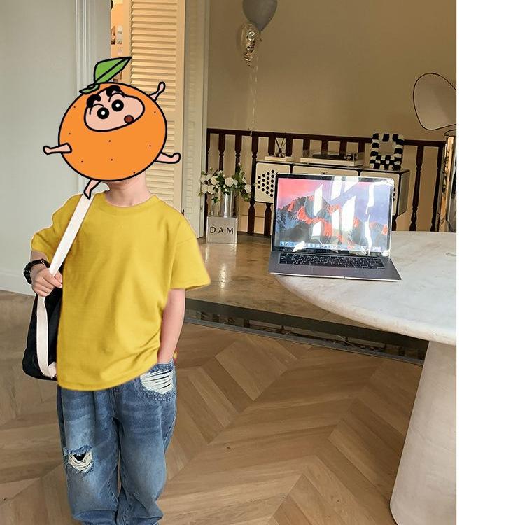 Boys Spring and Summer Round Neck Handsome T-shirt Middle and Big Children Solid Color Short-sleeved Casual Sports Tops