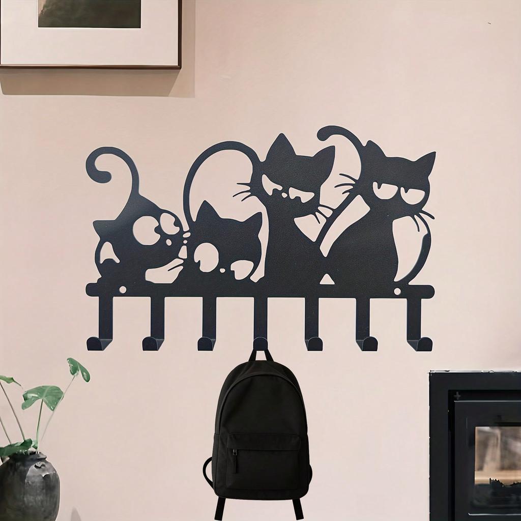Cat Shaped Wall Mounted Key Hook Organizer, 7 Hooks for Keys Towels Coats, Easy Install Entryway Storage Rack for Living Room Hallway Office