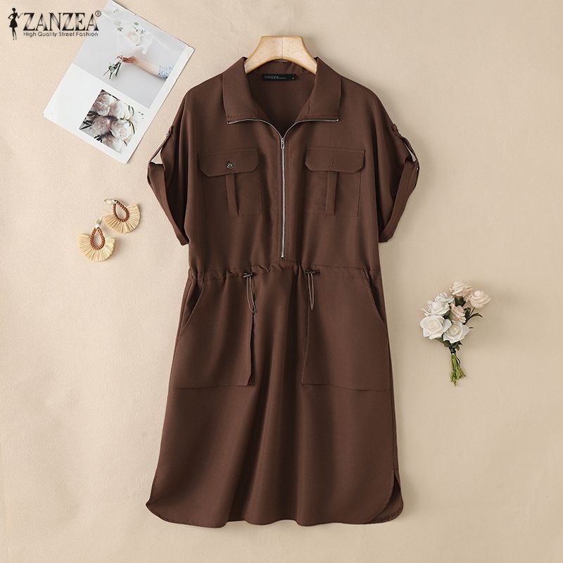 ZANZEA Vestido feminino casual gola virada para baixo verão manga curta
