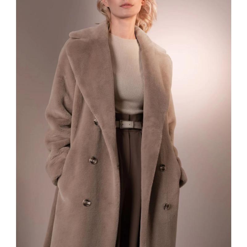 Dámský podzimní zimní zahuštěný dlouhý kabát z norkového sametu, luxusní bunda z imitace králičí kožešiny s páskem, klopami, trenčkot