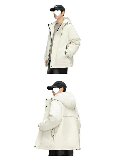 Men's Winter 2025 Stylish Solid Color Hooded Windproof Down Jacket
