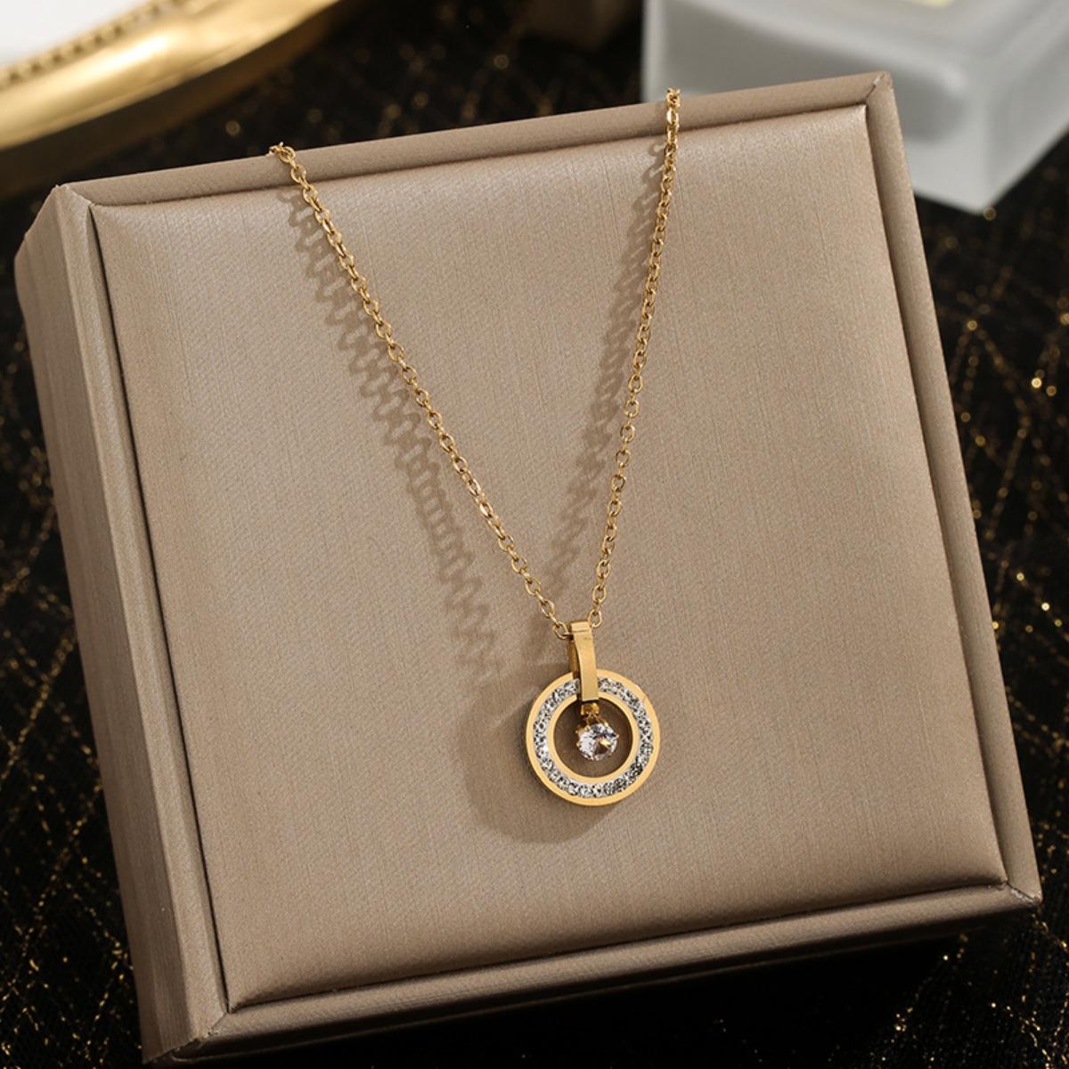 

Circular Ring Zircon Pendant Necklaces Stainless Steel Gold Color Necklace Women, Luxury Style Jewelry Accessories Chain Banquet